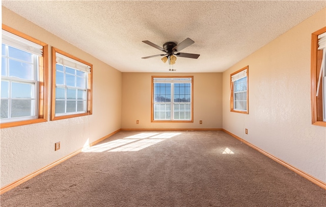 spare room with a textured ceiling, carpet flooring, and plenty of natural light