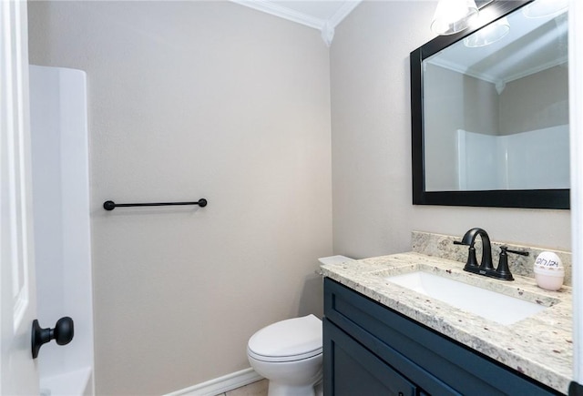 bathroom featuring vanity, toilet, walk in shower, and crown molding