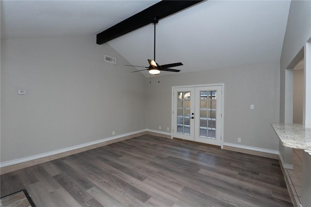 unfurnished living room with hardwood / wood-style floors, vaulted ceiling with beams, ceiling fan, and french doors