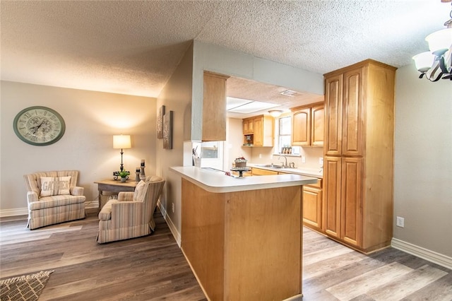 7322 Milky Way Dr, Corpus Christi, TX 78412 - kitchen with light countertops, light wood-style floors, a textured ceiling, a peninsula, and a chandelier