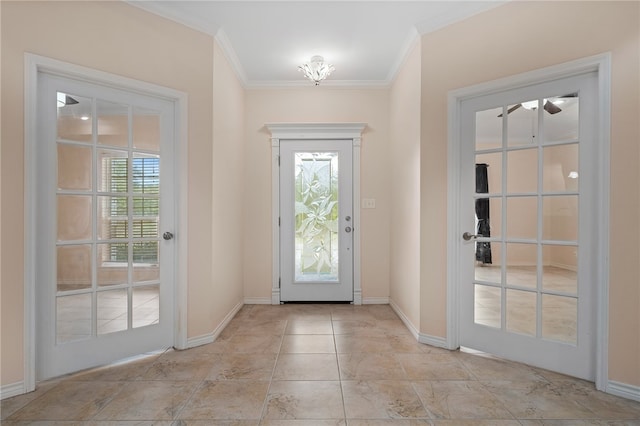 doorway to outside with ceiling fan and ornamental molding