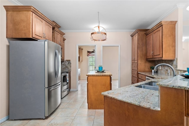 kitchen featuring ornamental molding, stainless steel appliances, sink, and backsplash