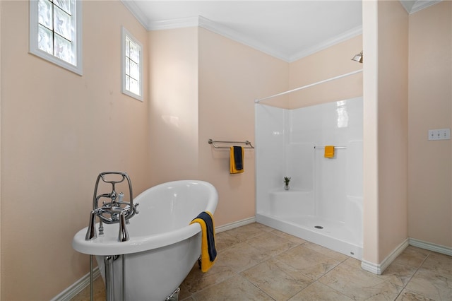 bathroom featuring shower with separate bathtub and ornamental molding