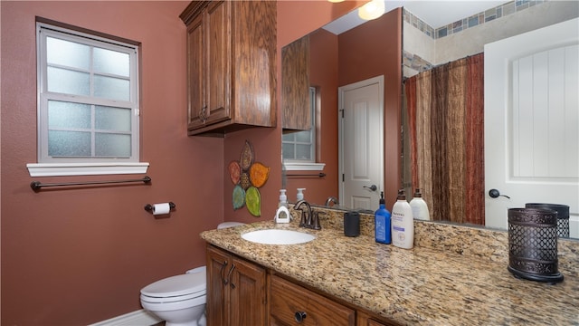 bathroom featuring toilet, vanity, and curtained shower