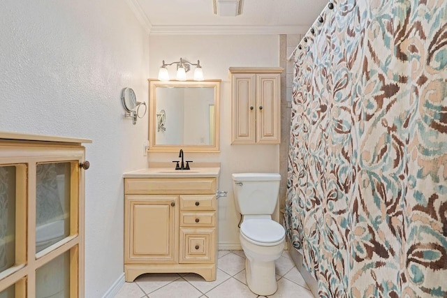 3605 Rushing Blvd, Corpus Christi, TX 78410 - full bathroom with tile patterned flooring, toilet, vanity, crown molding, and curtained shower