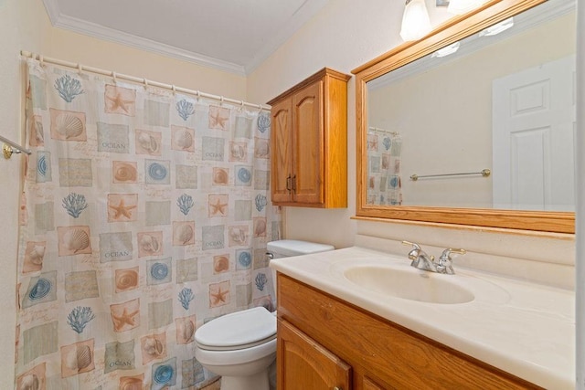3605 Rushing Blvd, Corpus Christi, TX 78410 - full bath featuring vanity, toilet, ornamental molding, and a shower with shower curtain