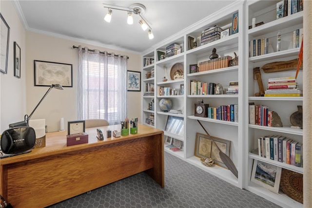 office space with track lighting, dark carpet, and ornamental molding