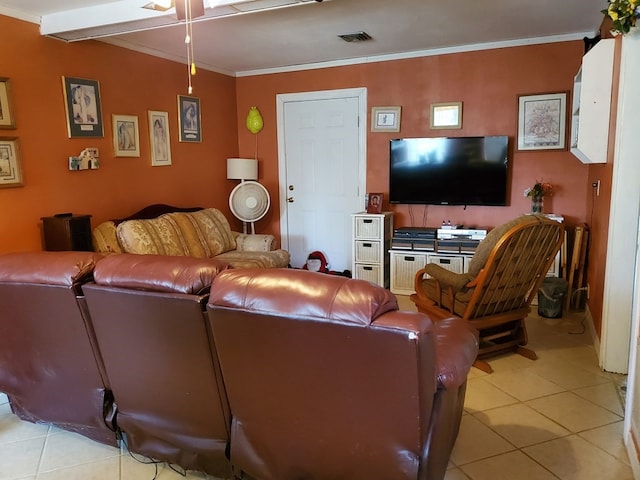 tiled living room with beam ceiling and crown molding