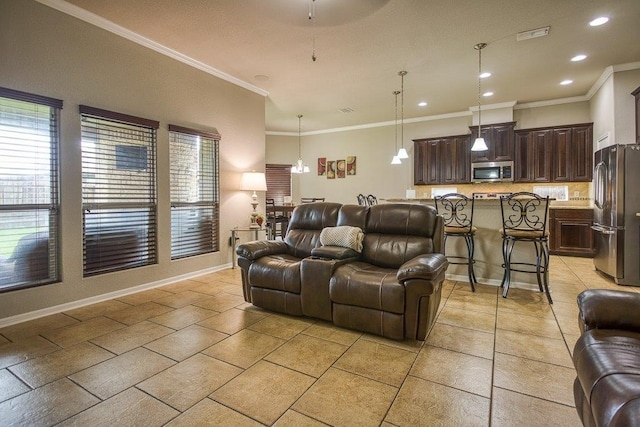 living room with baseboards, recessed lighting, light tile patterned flooring, and crown molding