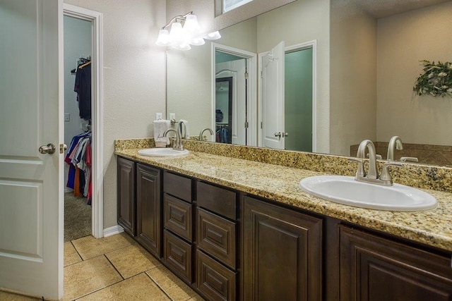 bathroom with double vanity, a walk in closet, and a sink