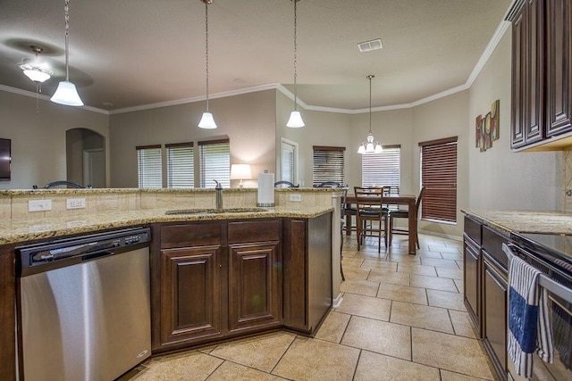 kitchen with electric range, a sink, visible vents, dark brown cabinets, and stainless steel dishwasher