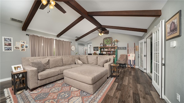 living room with dark wood-type flooring, ceiling fan, vaulted ceiling with beams, and french doors