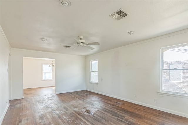 spare room featuring hardwood / wood-style floors, a healthy amount of sunlight, and crown molding