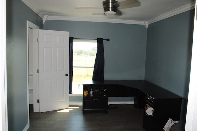 office space featuring crown molding, ceiling fan, and dark wood-type flooring