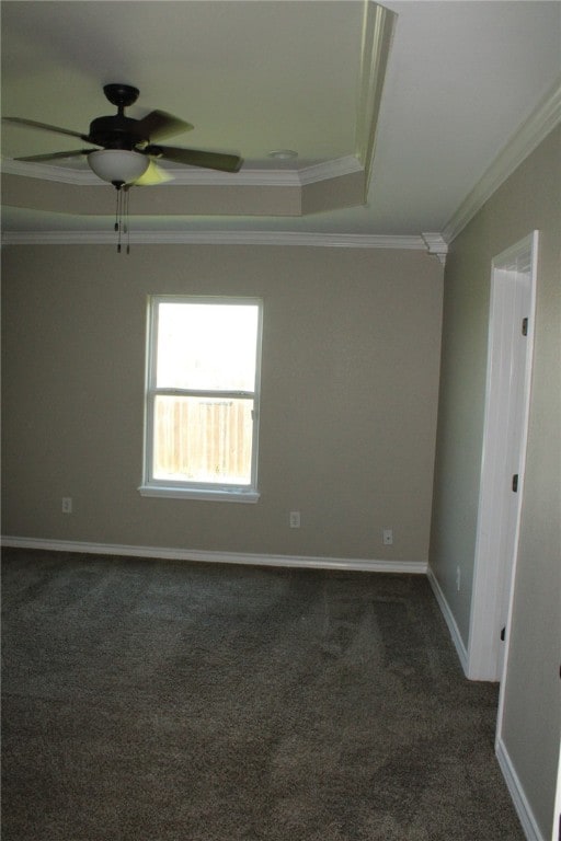 carpeted spare room with ceiling fan, ornamental molding, and a raised ceiling