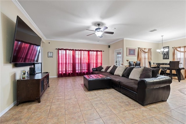 2401 Handlin Dr, Corpus Christi, TX 78418 - living room with visible vents, crown molding, light tile patterned floors, baseboards, and ceiling fan with notable chandelier