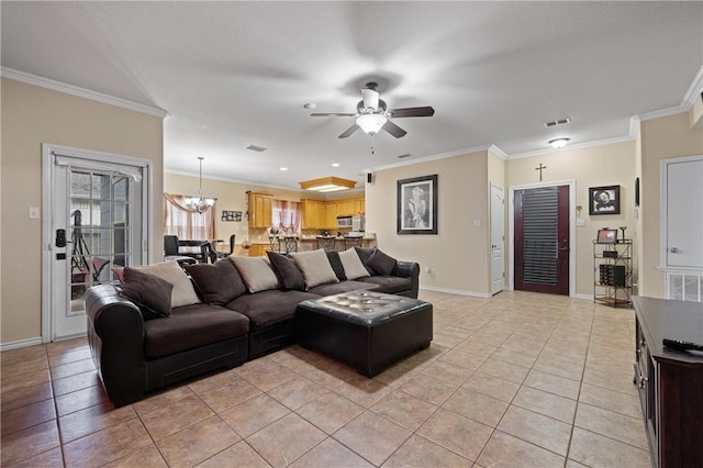 2401 Handlin Dr, Corpus Christi, TX 78418 - living room with light tile patterned floors, baseboards, ornamental molding, and ceiling fan with notable chandelier