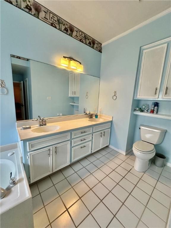 bathroom with tile patterned flooring, double vanity, a tub, and a sink