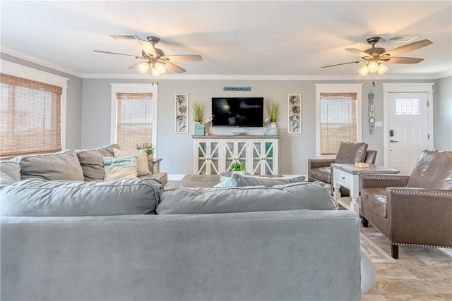 356 E Sagebrush St, Rockport, TX 78382 - living room featuring ceiling fan and crown molding