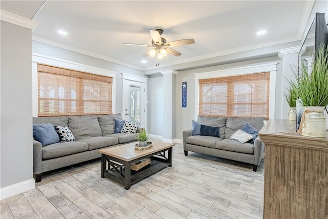 356 E Sagebrush St, Rockport, TX 78382 - living area with a ceiling fan, baseboards, ornamental molding, and light wood-style flooring