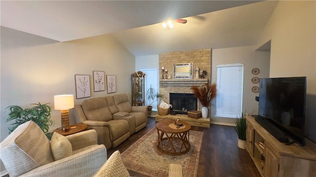 3014 Quail Spgs # D5, Corpus Christi, TX 78414 - living room with baseboards, wood finished floors, a brick fireplace, and vaulted ceiling