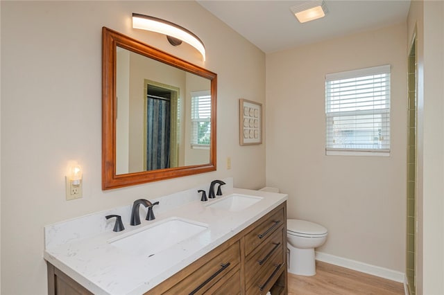 bathroom with hardwood / wood-style flooring, vanity, toilet, and curtained shower