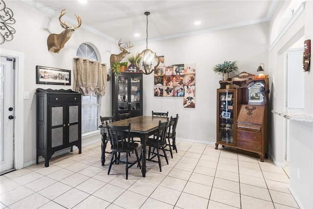 dining area with french doors, light tile patterned floors, crown molding, and a chandelier