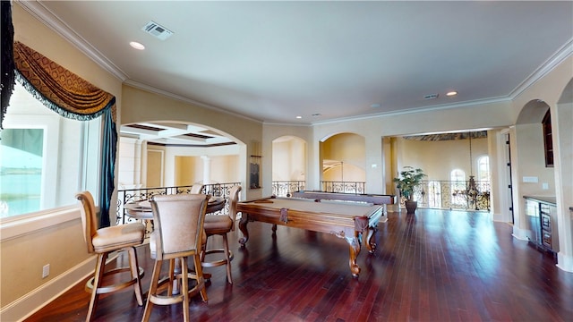 playroom featuring hardwood / wood-style flooring, billiards, and crown molding