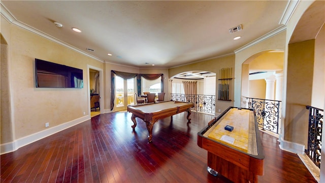 recreation room featuring ornamental molding, billiards, dark wood-type flooring, and decorative columns