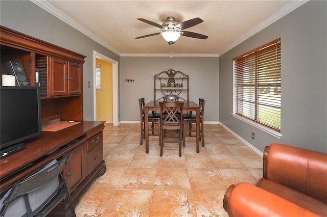 dining space featuring ceiling fan and ornamental molding