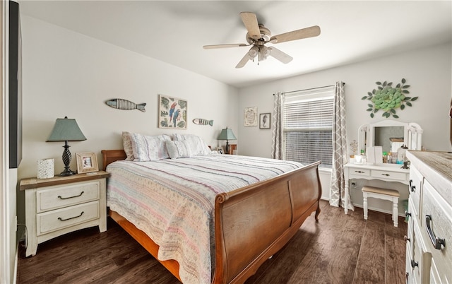 bedroom featuring ceiling fan and dark hardwood / wood-style flooring