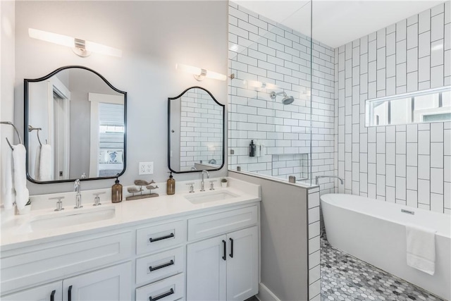 bathroom featuring vanity and independent shower and bath