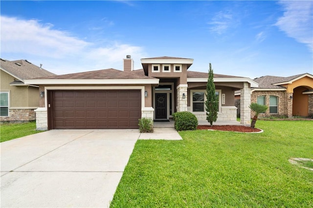 6930 Anastasia, Corpus Christi, TX 78413 - prairie-style house featuring stone siding, an attached garage, a front yard, a chimney, and driveway