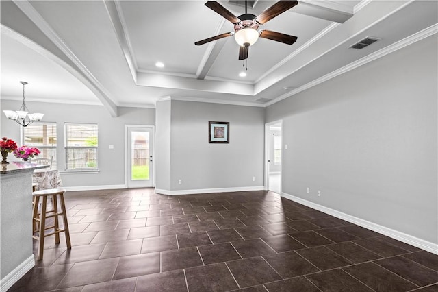 6930 Anastasia, Corpus Christi, TX 78413 - unfurnished living room with ceiling fan, a chandelier, baseboards, crown molding, and dark tile patterned flooring