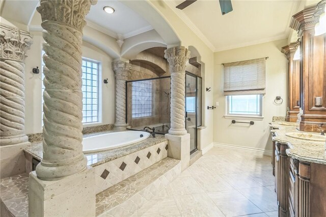 6522 Miranda Dr, Corpus Christi, TX 78414 - full bath featuring plenty of natural light, crown molding, a garden tub, decorative columns, and vanity