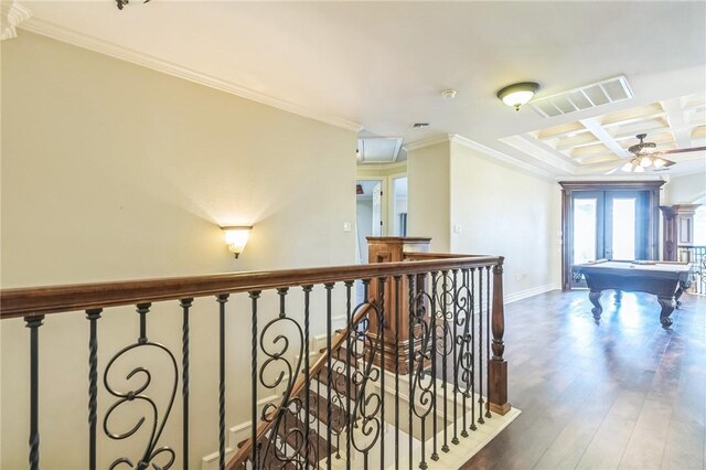 6522 Miranda Dr, Corpus Christi, TX 78414 - corridor featuring coffered ceiling, wood finished floors, ornamental molding, baseboards, and beamed ceiling
