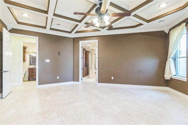 6522 Miranda Dr, Corpus Christi, TX 78414 - spare room with ornamental molding, coffered ceiling, a ceiling fan, beam ceiling, and baseboards