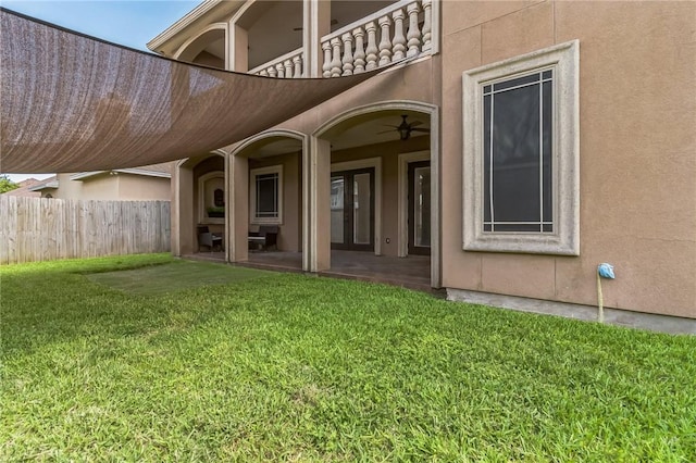 6522 Miranda Dr, Corpus Christi, TX 78414 - doorway to property featuring stucco siding, a balcony, and a ceiling fan
