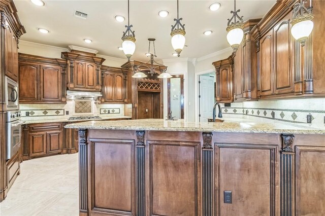 6522 Miranda Dr, Corpus Christi, TX 78414 - kitchen with stainless steel appliances, decorative backsplash, ornamental molding, light stone counters, and a peninsula