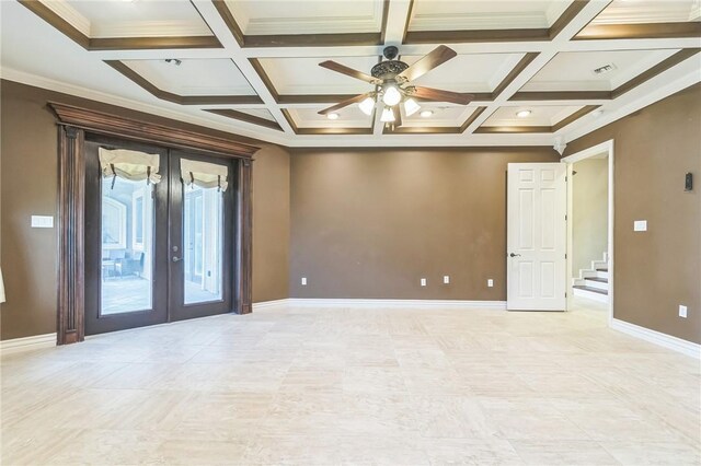 6522 Miranda Dr, Corpus Christi, TX 78414 - spare room featuring french doors, coffered ceiling, a ceiling fan, baseboards, and beam ceiling