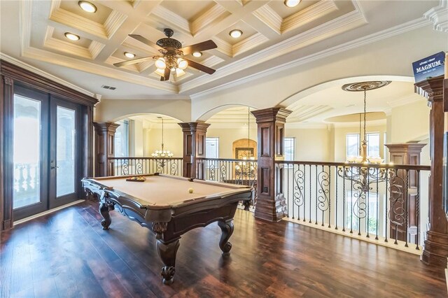 6522 Miranda Dr, Corpus Christi, TX 78414 - game room with a chandelier, crown molding, arched walkways, a ceiling fan, and coffered ceiling