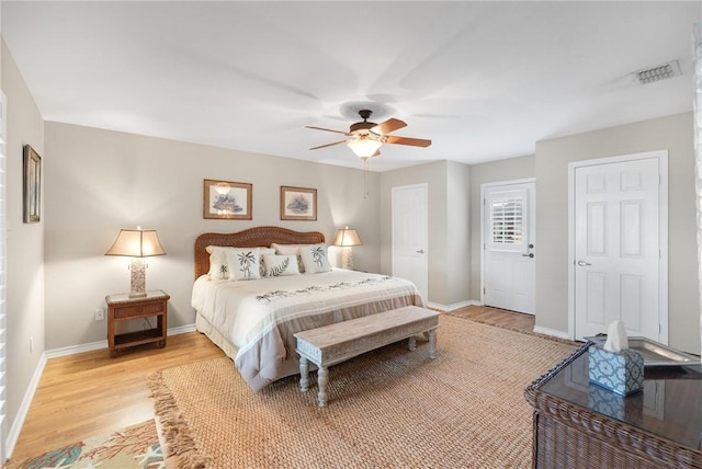 bedroom featuring ceiling fan and light hardwood / wood-style flooring