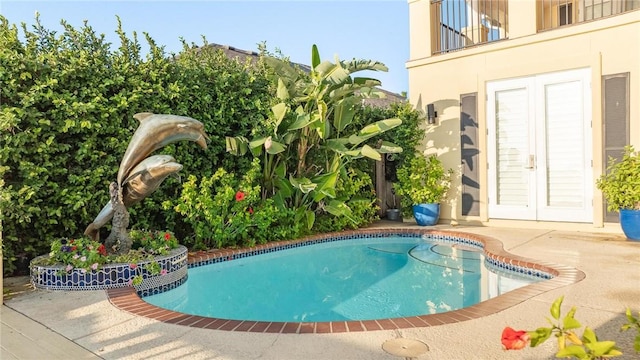 view of swimming pool featuring french doors