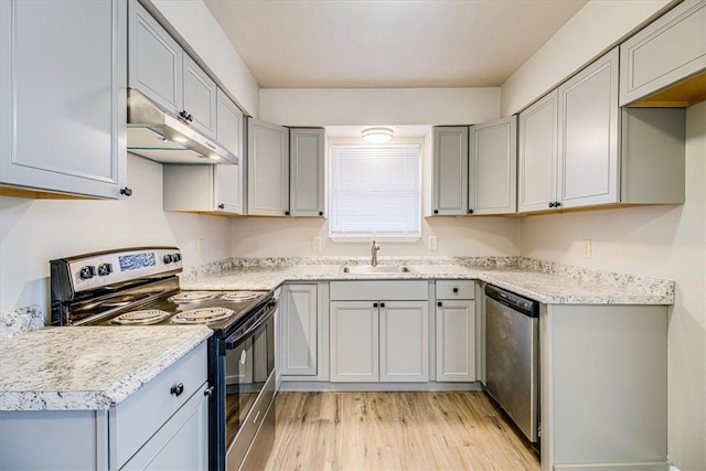 4113 Sierra St, Corpus Christi, TX 78410 - kitchen with stainless steel appliances, a sink, under cabinet range hood, light wood-style floors, and light countertops