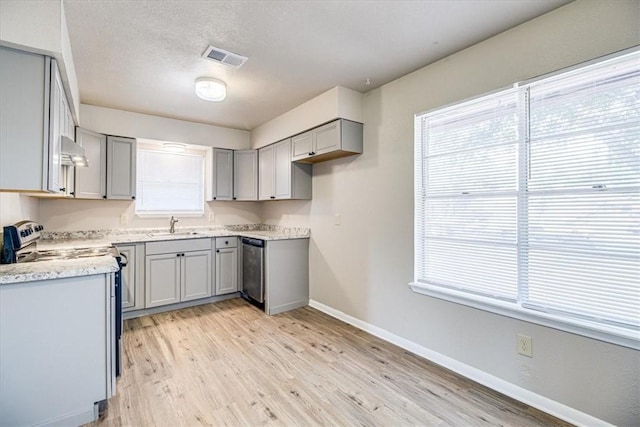 4113 Sierra St, Corpus Christi, TX 78410 - kitchen with gray cabinetry, electric stove, baseboards, under cabinet range hood, and a sink
