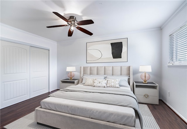 bedroom featuring ceiling fan, dark hardwood / wood-style floors, ornamental molding, and a closet