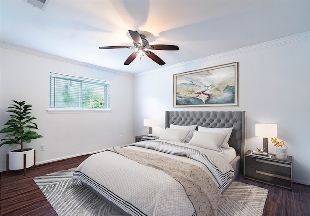 bedroom with ceiling fan, dark wood-type flooring, and ornamental molding