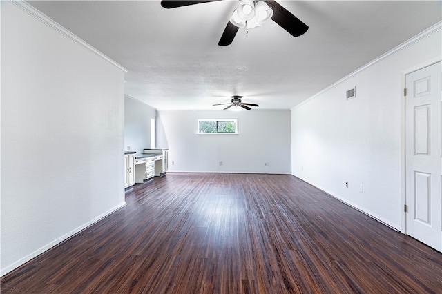 unfurnished living room with dark hardwood / wood-style floors, ceiling fan, and ornamental molding