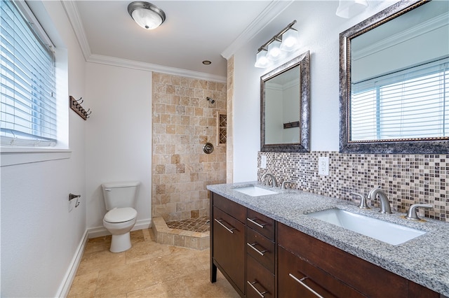 bathroom with a shower, plenty of natural light, crown molding, and toilet