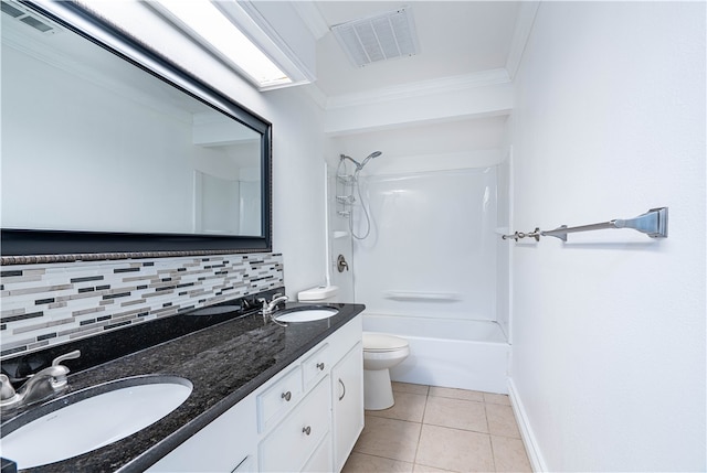 full bathroom featuring tasteful backsplash, tile patterned floors, shower / tub combination, vanity, and ornamental molding